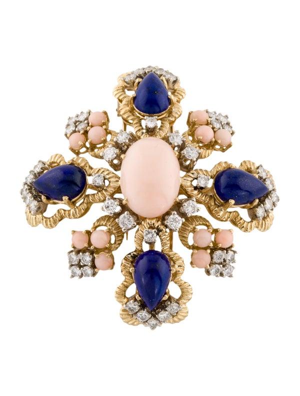 Vintage 18K Diamond, Coral & Lapis Brooch